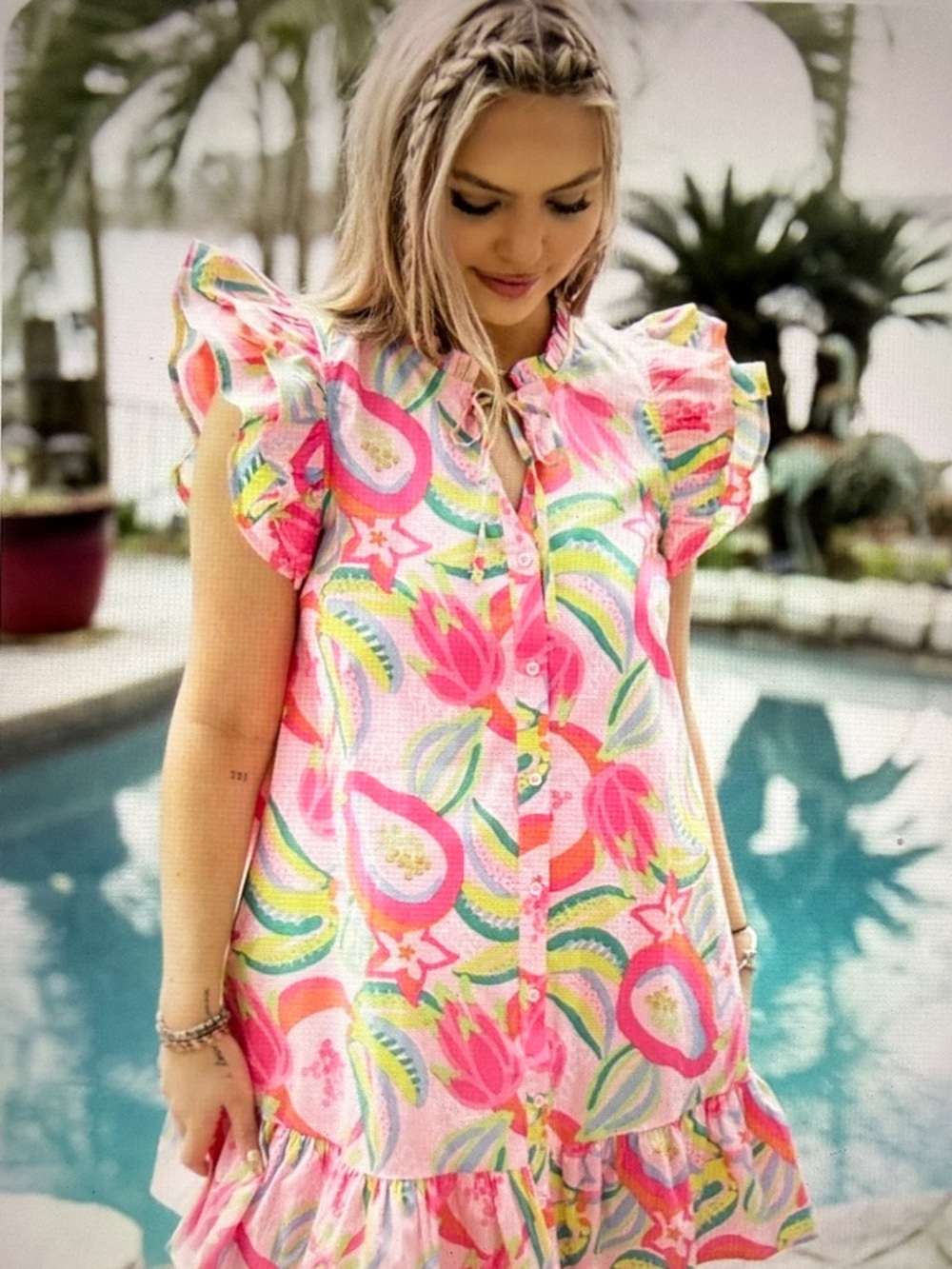 Michelle McDowell ABBY Dress Copacabana Print Ruffle Sleeve Shift Dress Size XL